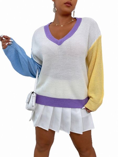 

plus size t-shirt plus colorblock drop shoulder sweater w8pn#, Black