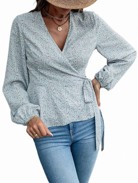 

women's blouses & shirts ditsy floral print wrap knot blouse 68yq#, White