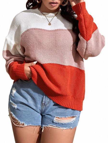 

plus size t-shirt plus color block drop shoulder sweater k7lp#, Black