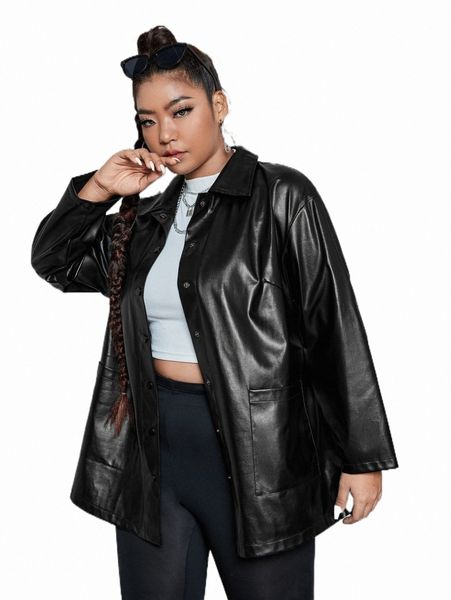 

plus size outerwear & coats plus drop shoulder pu leather coat h56z#, Black