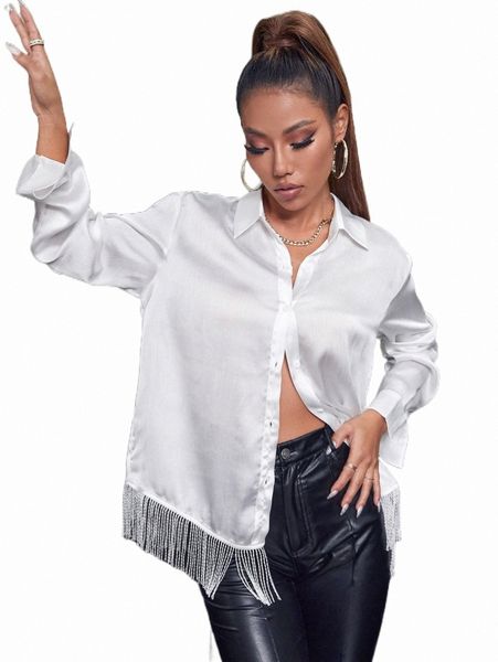 

women's blouses & shirts button front fringe hem shirt x9kh#, White