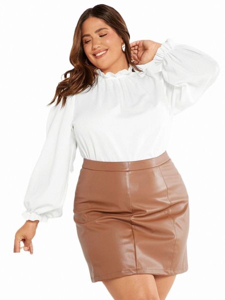 

plus size t-shirt evolu plus frill trim lantern sleeve u0mt#, Black