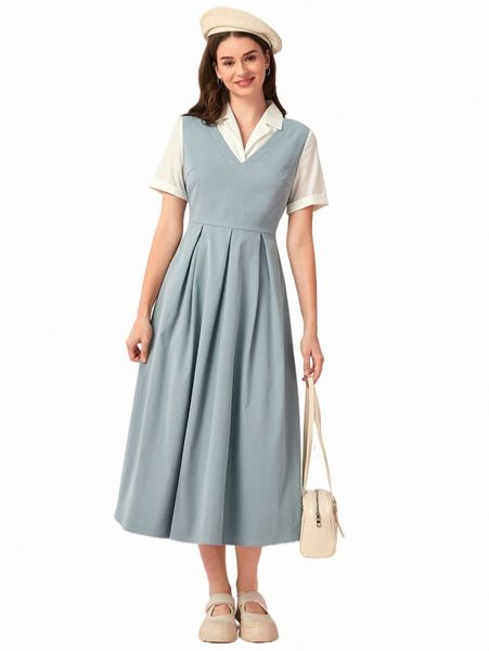 

casual dresses colorblock pleated hem dress 2022 new e0vi#, Black;gray
