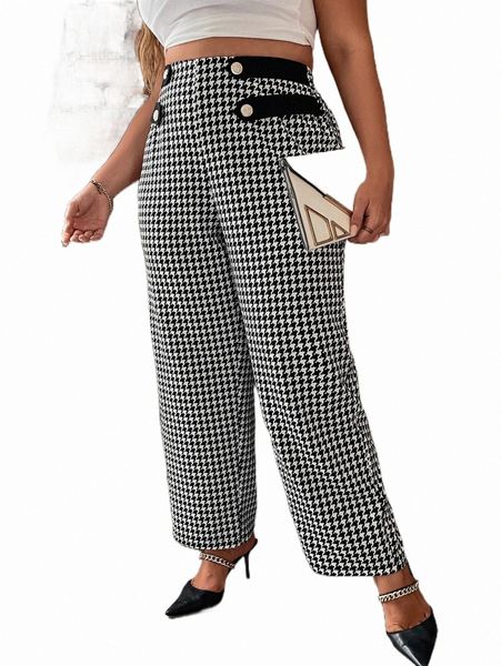 

plus size pants plus houndstooth fake button wide leg pants u7tu#, Black