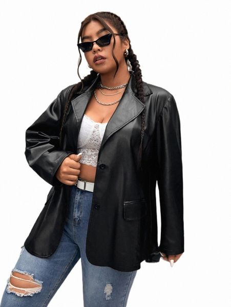 

plus size outerwear & coats plus single breasted pu leather blazer e9qi#, Black