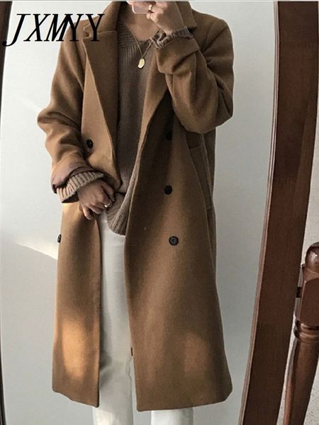 

women's wool blends double-breasted loose coat woolen coat women's winter fashion solid color thickened woolen mid-length thin sui, Black