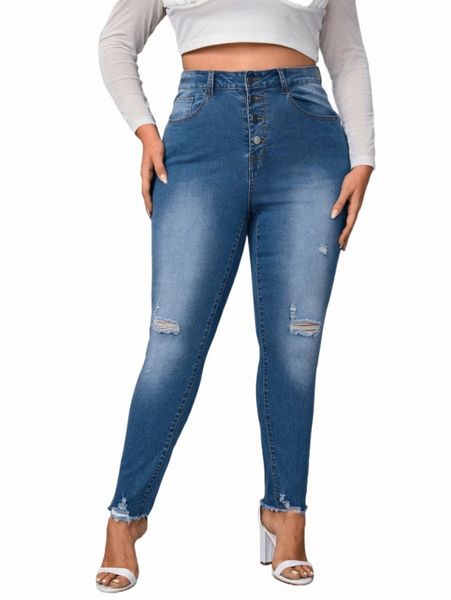 

women's jeans plus high waist button fly ripped raw hem skinny jeans f8cr#, Blue
