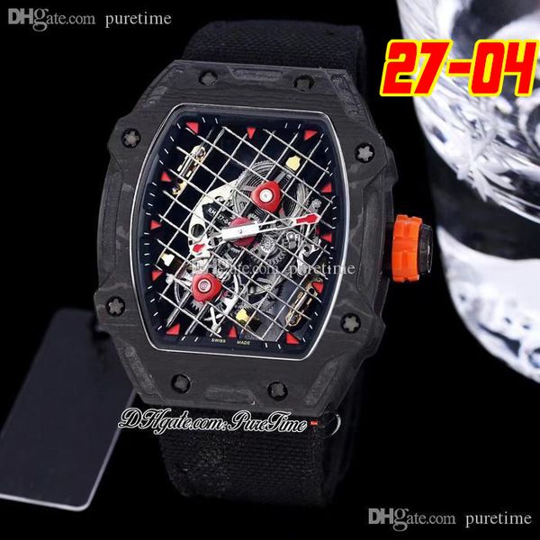 

27-04 tourbillon rafael nadal a21j automatic mens watch 2022 black carbon fiber case tennis racket skeleton dial red crown black nylon strap, Slivery;brown