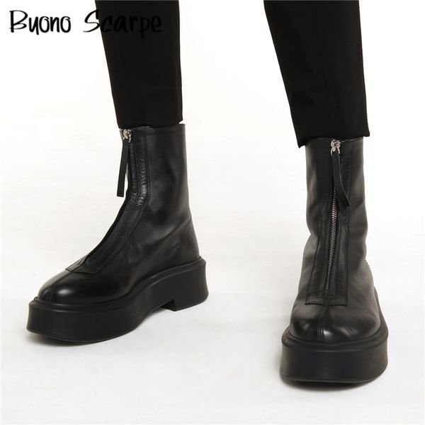 

boots genuine leather platform combat boots luxury brand designer chunky booties front zipper lady chunky shoes women punk ankle boots 22090, Black