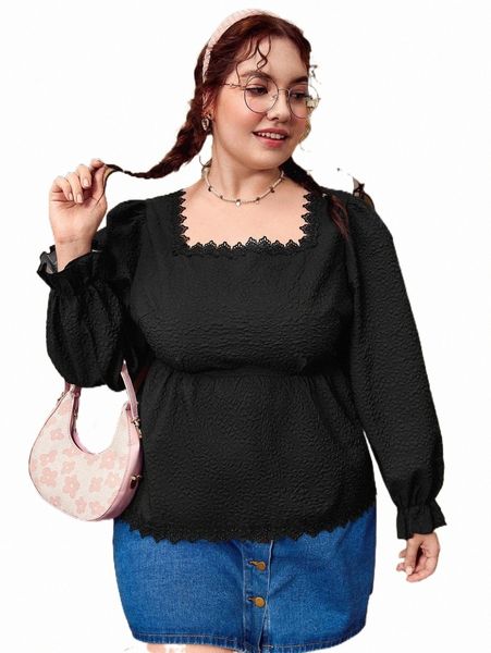 

plus size t-shirt plus solid square neck lace trim blouse x2lo#, Black