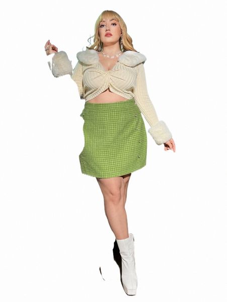 

plus size pants plus high waist plaid pattern tweed skirt e4u3#, Black