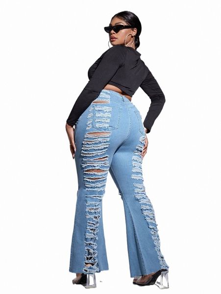 

women's jeans sxy plus high waist ladder ripped frayed hem flare leg jeans a5vf#, Blue