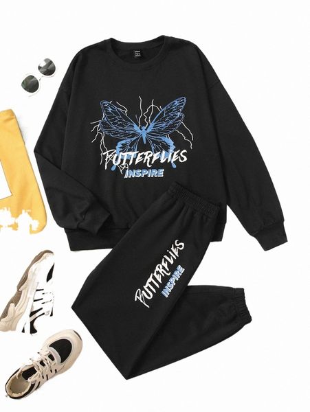 

two piece dress letter graphic sweatshirt & sweatpants 73em#, White