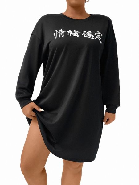 

plus size dresses plus chinese letter graphic drop shoulder dress g03w#, Black