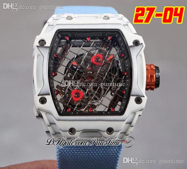 

27-04 tourbillon rafael nadal a21j automatic mens watch 2022 white carbon fiber case tennis racket skeleton dial red crown blue nylon strap, Slivery;brown