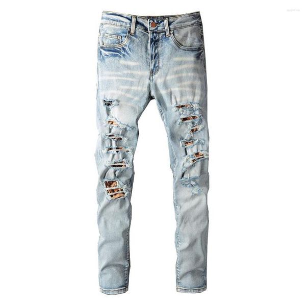 

men's jeans men leopard print patchwork ripped streetwear stretch denim slim skinny pencil pants light blue holes trousers