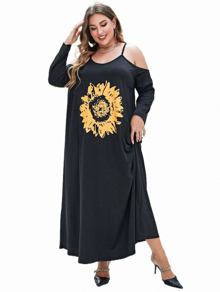 

plus size dresses plus floral print cold shoulder dress o72g#, Black