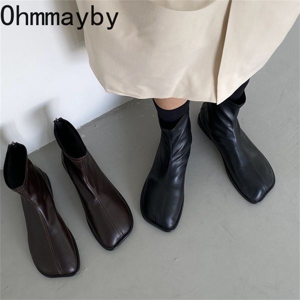 

boots ankle boots for women autumn ladies casual flats heels short boots woman zipper designer square toe fashion shoes 220908, Black