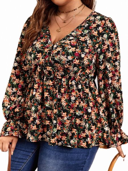 

plus size t-shirt plus allover floral print print peplum blouse o6s1#, Black
