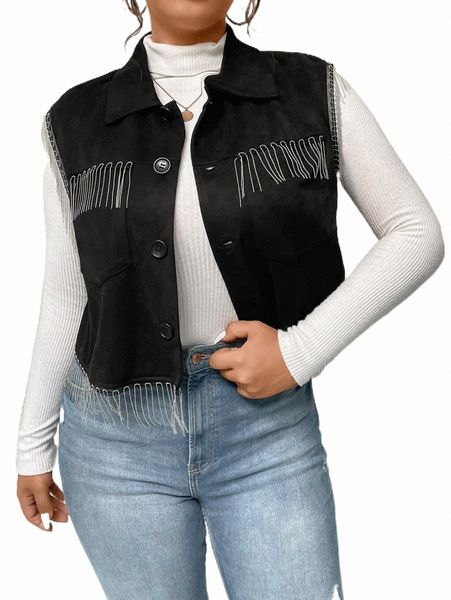 

plus size outerwear & coats plus fringe trim vest jacket 18x2#, Black