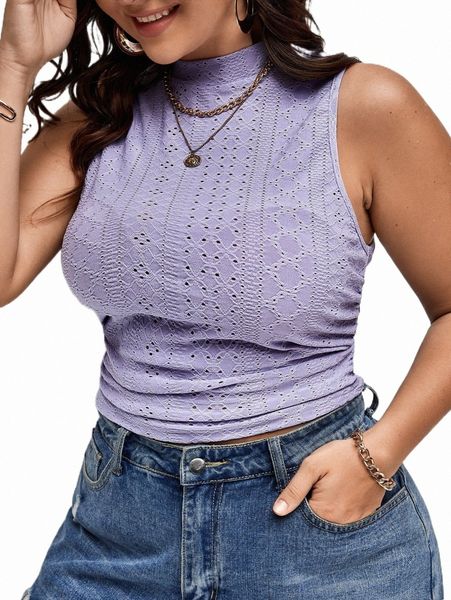 

plus size t-shirt plus eyelet embroidery ruched tank i321#, Black