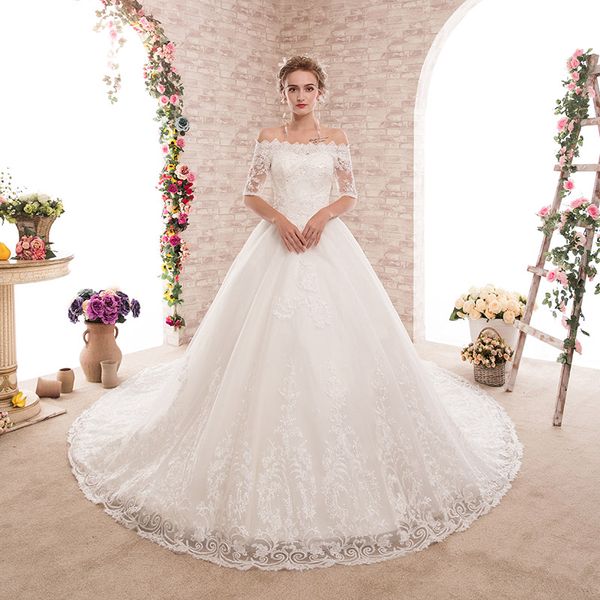 

vintage ball gown wedding dresses african off shoulder half sleeves tulle beads lace-up back long formal bridal gowns, White