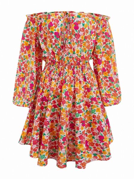 

casual dresses allover floral print shirred waist dress e6ow#, Black;gray