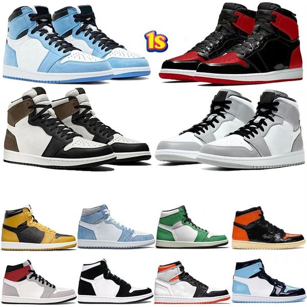 

mens royal patent bred 1 basketball shoes 1s university blue high dark mocha light smoke grey chicago unc bordeaux royal toe men women206m, Black