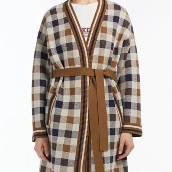 

womens jackets women plaid wool blends knit cardigan vneck laceup sashes autumn winter ladies long sleeve loose sweater coat 220908, Black;brown
