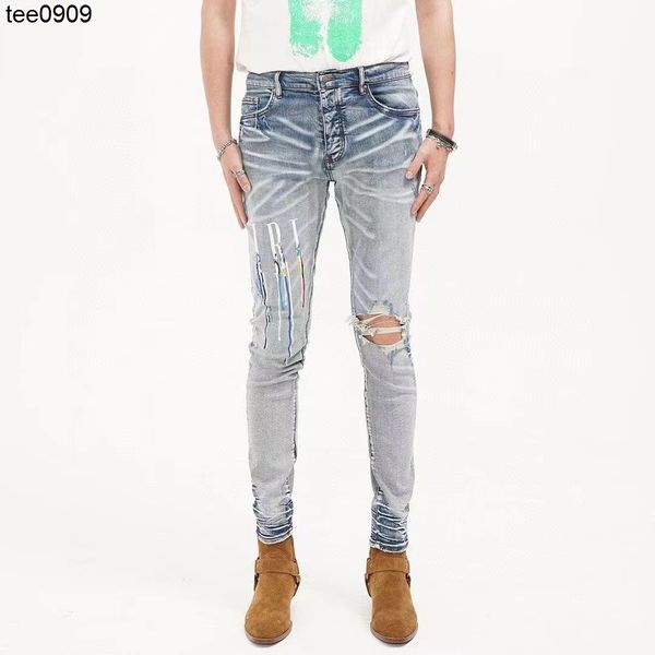 

jeans street fashion brand washing water old blue holes embroidery spray painting slim fitting leggy jeans men