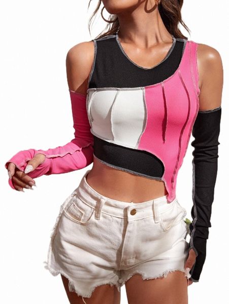 

women's t-shirt cut and sew cold shoulder crop tee m0yo#, White