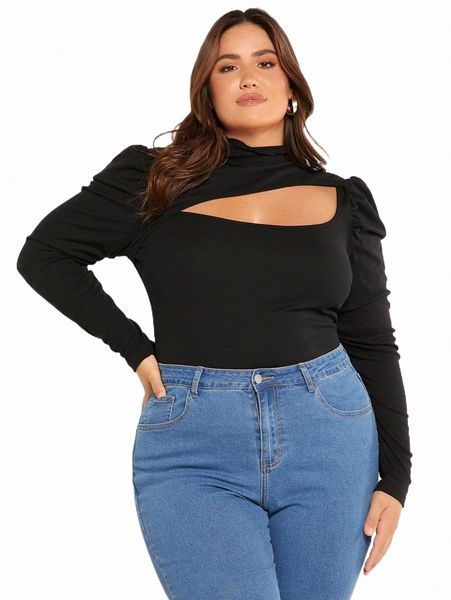 

plus size t-shirt evolu plus cut out mock neck gigot sleeve tee v4rs#, Black