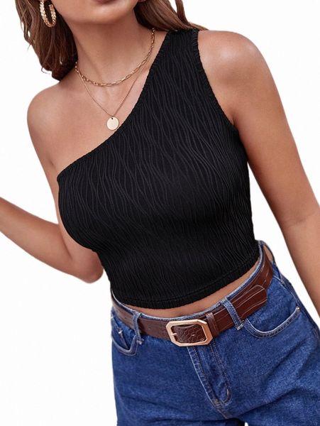 

women's t-shirt one shoulder textured crop t5l5#, White