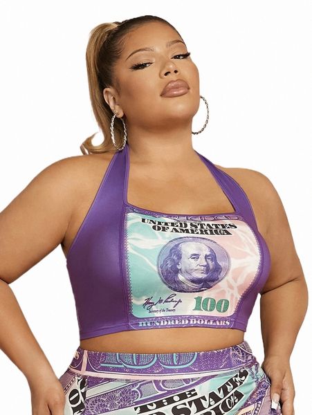 

plus size t-shirt sxy plus dollar print crop halter 38le#, Black