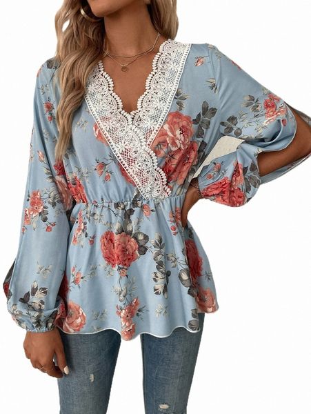 

women's blouses & shirts floral print lace panel blouse k1rq#, White