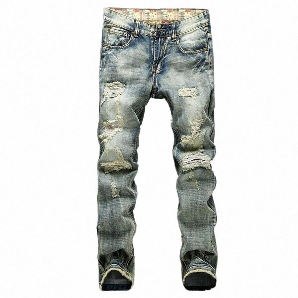

men's jeans wholesale-big size 42 european style men jeans holes frazzle jeans mens casual leisure denim long pants light blue sl02931