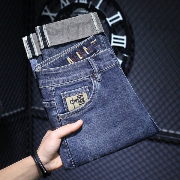 

men's jeans designer chinese embroidered jeans men's slim fit small straight tube spring and autumn style fashion leisure versatil, Blue
