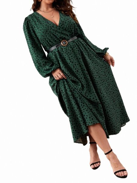 

plus size dresses plus dalmatian print lantern sleeve ruffle hem dress without belt w7pz#, Black