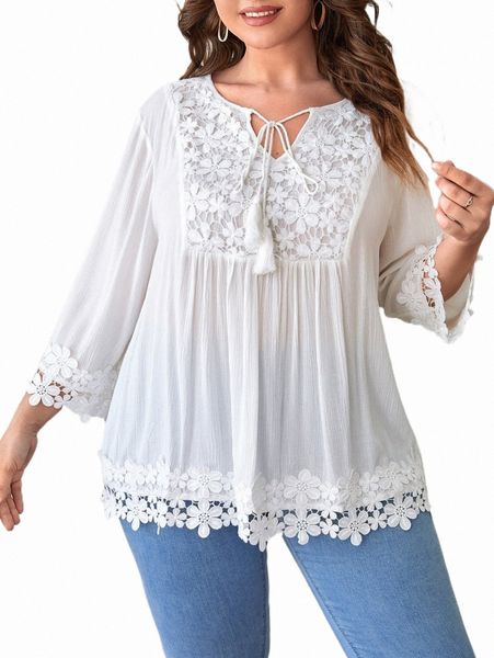 

plus size t-shirt plus tie neck guipure lace trim blouse r6ld#, Black