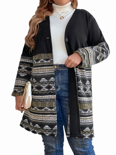 

plus size outerwear & coats plus geo print button front coat z13h#, Black