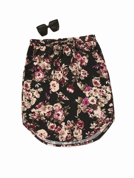 

plus size pants plus floral print curved hem drawstring waist skirt f8uo#, Black