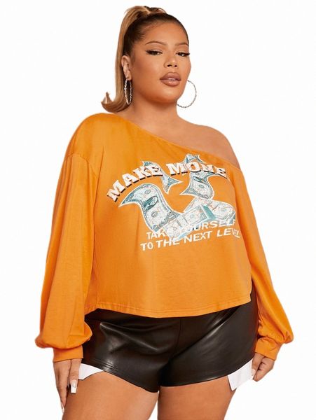 

plus size t-shirt sxy plus slogan graphic asymmetrical neck drop shoulder tee 44yh#, Black