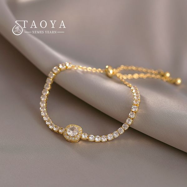 

2022 new luxury inlaid zircon square can be pulled to adjust charm bracelet party exquisite jewelry for women's fashion bracelet, Golden;silver