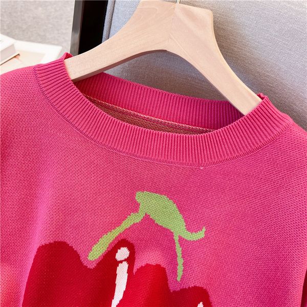 

66821 big cherry jacquard pattern alpaca loose pull-over sweater girl knitwear, White;black