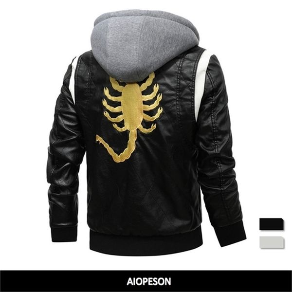 

men's leather faux spring jacket removable hoodied scorpion embroidery motorcycle men slim fit mens s 220908, Black