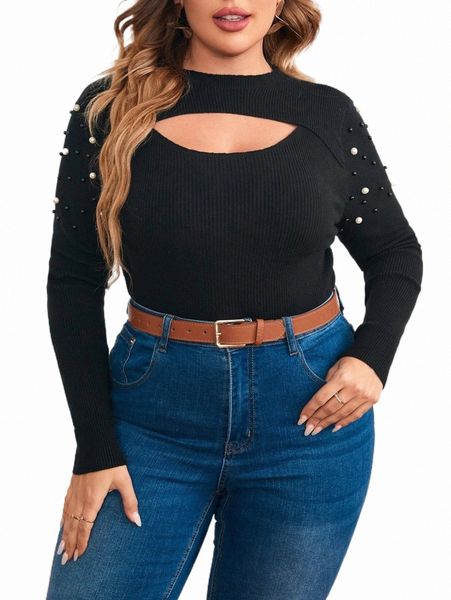 

plus size t-shirt plus pearls cut out rib-knit sweater f652#, Black