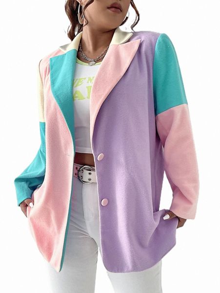 

plus size outerwear & coats plus color block single breasted blazer 58ox#, Black