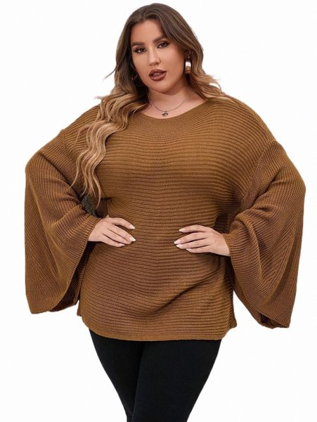 

plus size t-shirt plus trumpet sleeve boat neck sweater m0as#, Black