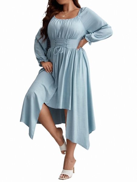 

plus size dresses plus scoop neck lantern sleeve lace up dress e6y1#, Black