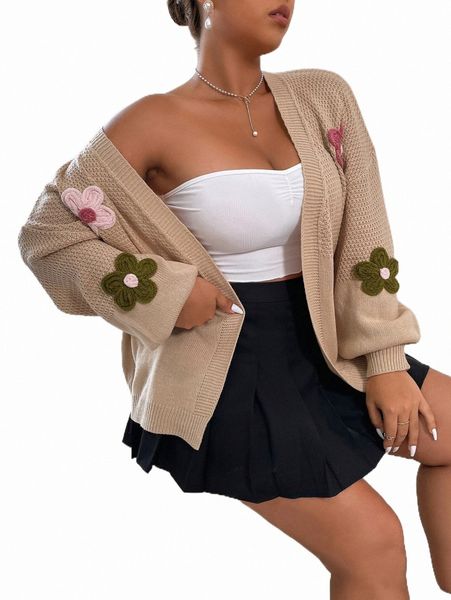 

plus size t-shirt plus floral patched drop shoulder duster cardigan 88hs#, Black